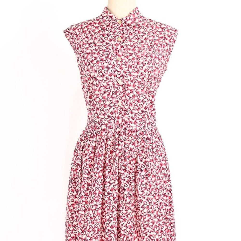Vintage 50s Red & Black Novelty Key Print Shirt Waist Rockabilly Swing Day Dress